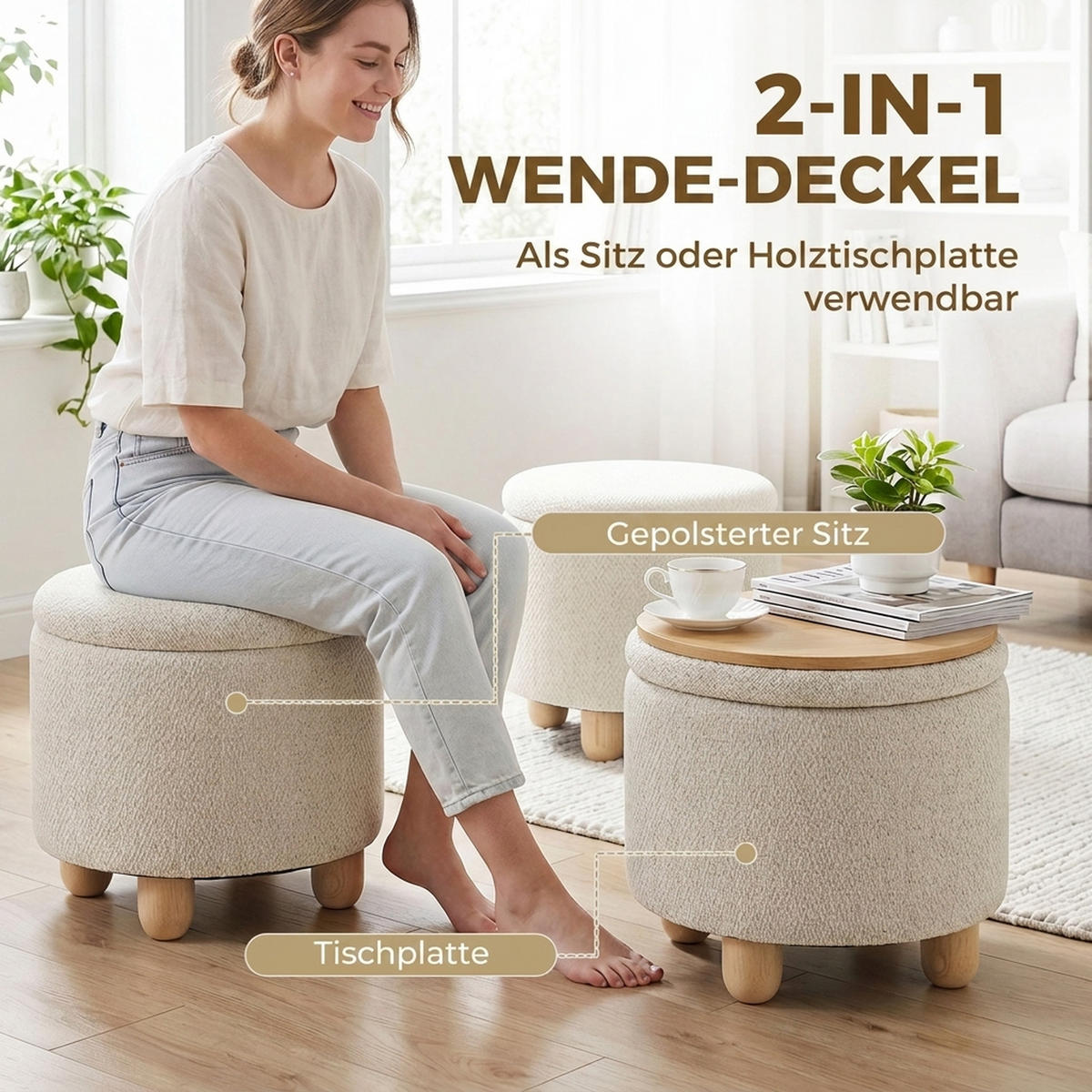 OTTOMAN med förvaringsutrymme, polyester, beige - Beige, Trä/Textil (38.5/33.5/38.5cm) - HOMCOM
