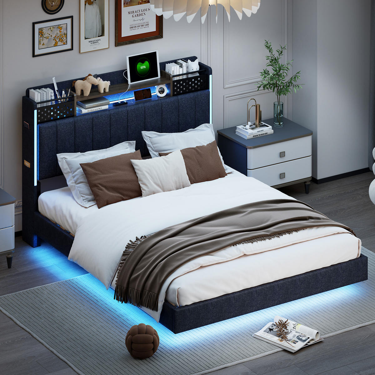 POLSTERBETT 140/200 cm grau aus Leinenstoff mit LED und USB-Anschluss mit Stauraum - Grau, Textil (140/200cm) - OKWISH