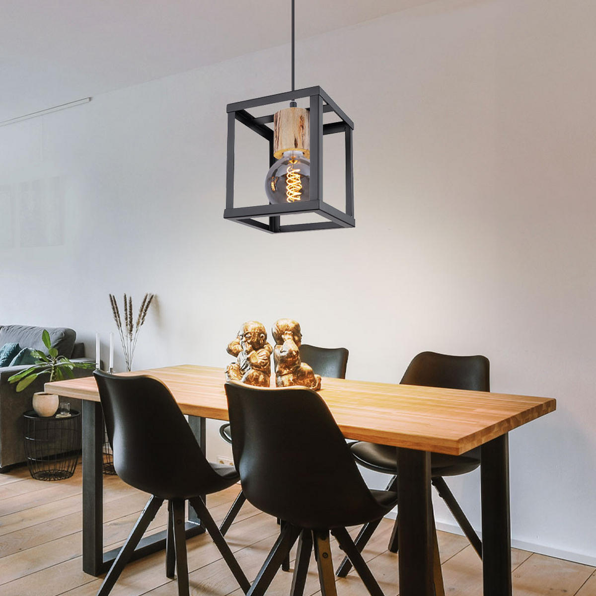 HÄNGELEUCHTE Metall Schwarz Industrial - Schwarz, Holz (17/17/120cm)