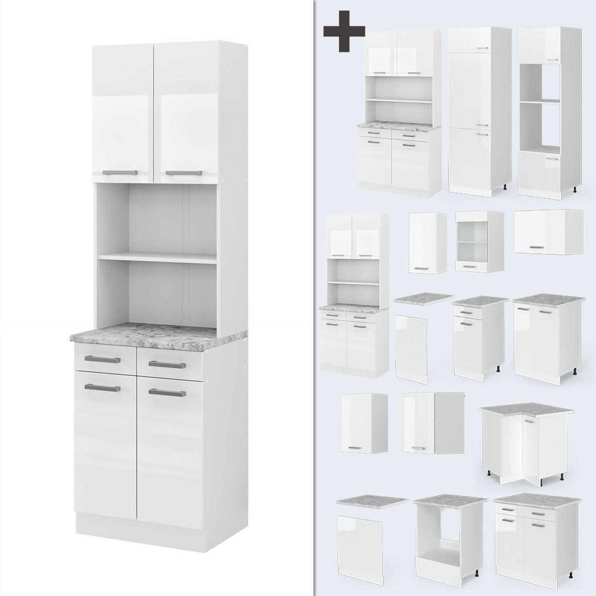 BUFFETSCHRANK R-Line Weiß Hochglanz 60 cm , AP Marmor - Weiß Hochglanz/Weiß, Holzwerkstoff (60/81.6/60cm) - Vicco