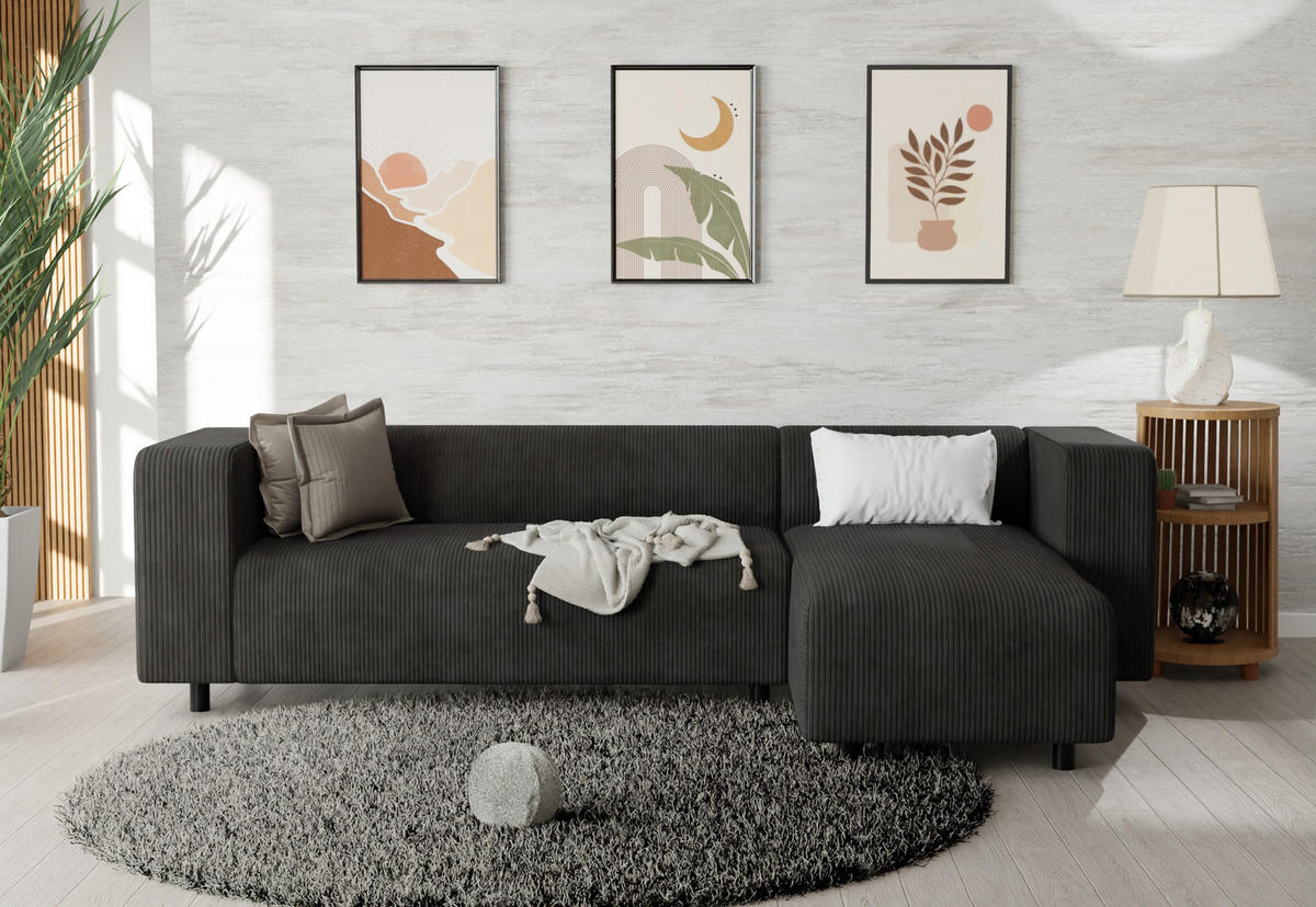 ECKSOFA Tove Schwarz Cord - Ottomane rechts - Schwarz, Holz/Kunststoff (240/142cm) - S-Style Möbel