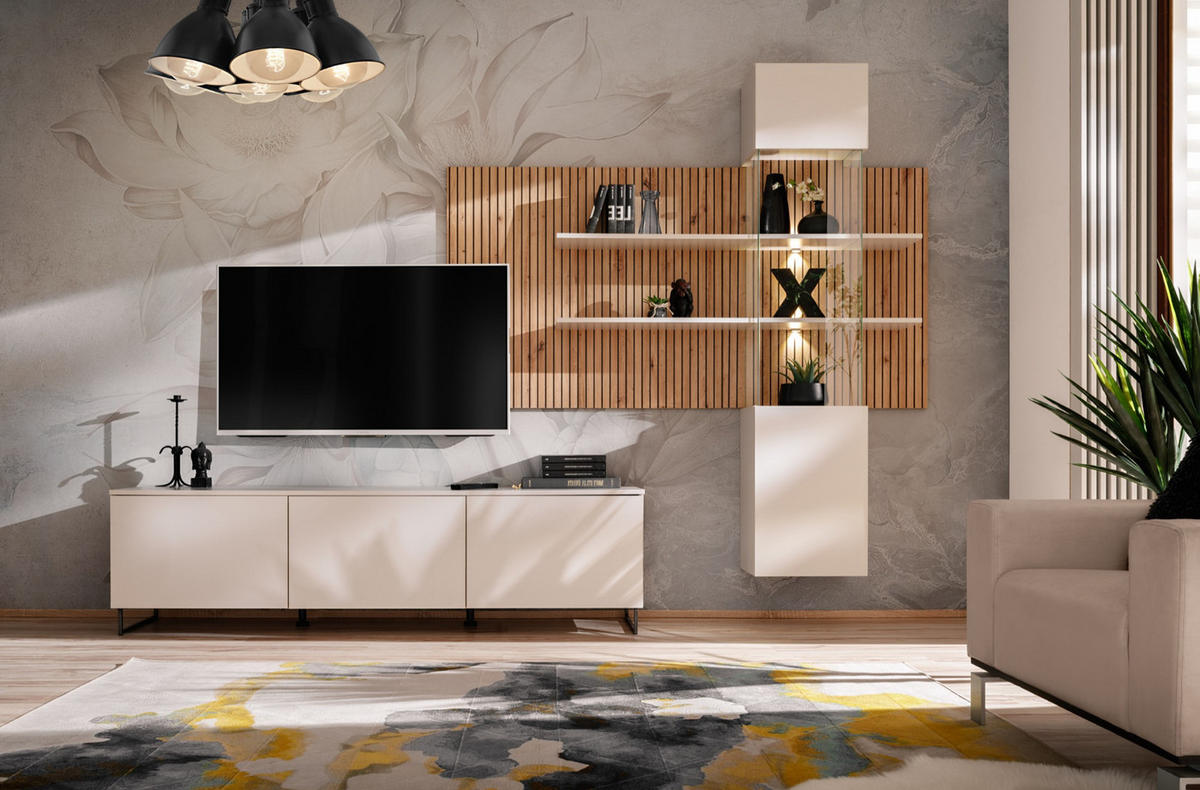 WOHNWAND Sand matt, Eiche Artisan 280 cm, Schrankwand inklusive LED Beleuchtung - Sandfarben/Schwarz, Holzwerkstoff/Kunststoff (280/200/45cm) - Furn.Design