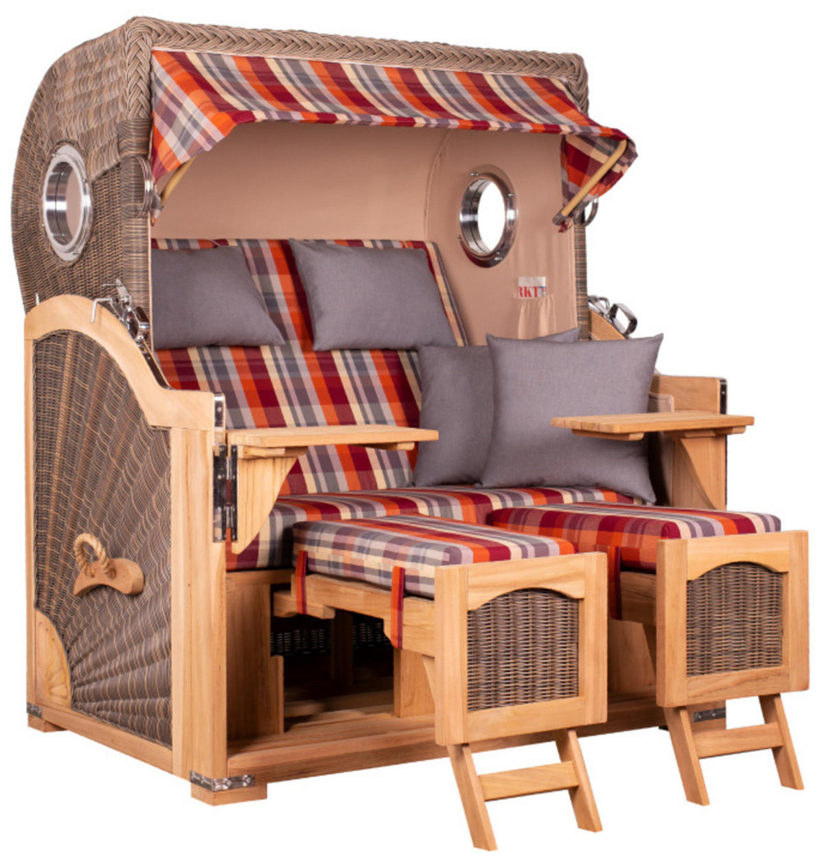 STRANDKORB Düne Grande Bullauge Teak PE Grey Dessin 584 - Rot/Braun, Metall (142/170/95cm) - Mr. Deko