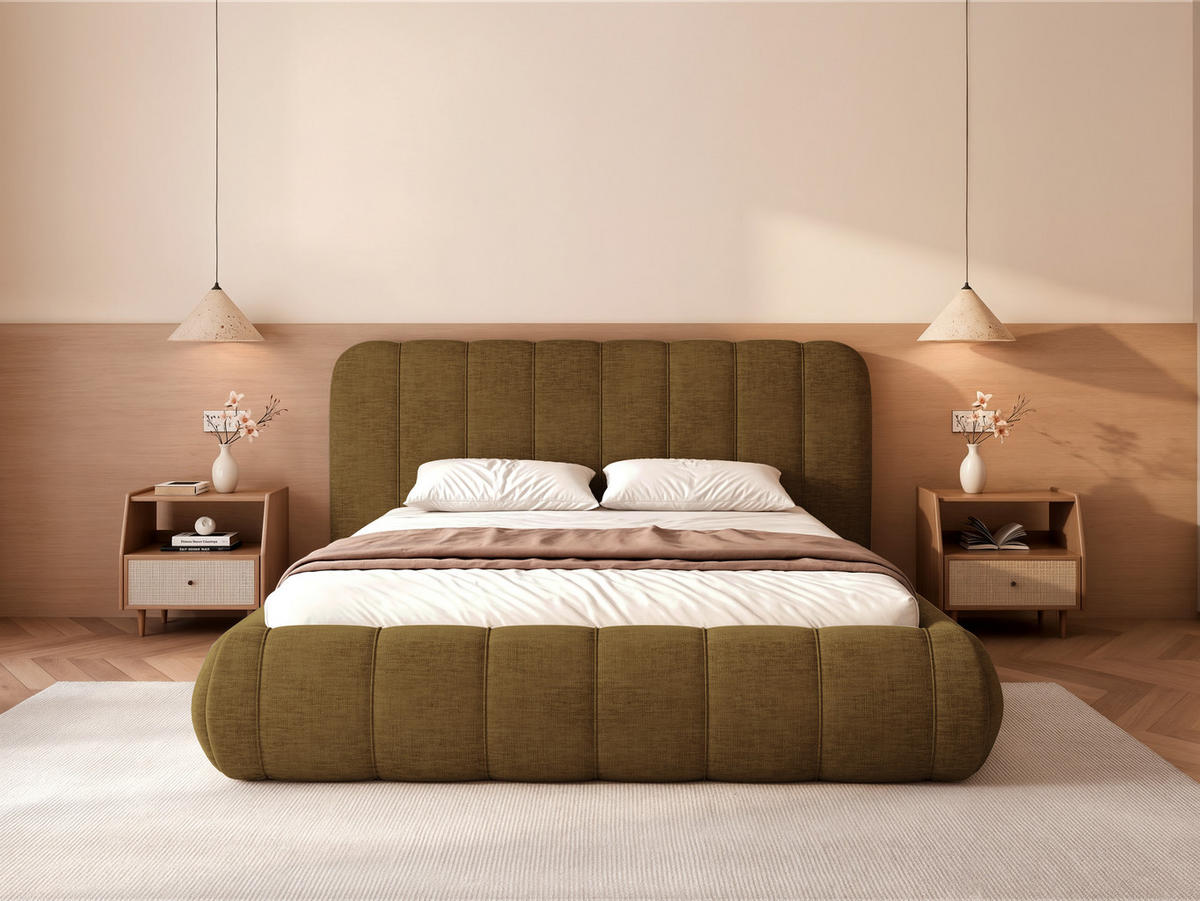 POLSTERBETT Gallo 160x200 cm Olivgrün Chenille – (Doppelbett mit Bettkasten, Lattenrost, voluminöses Kopfteil) - Olivgrün, Holz/Holzwerkstoff (160/200cm) - Ravio