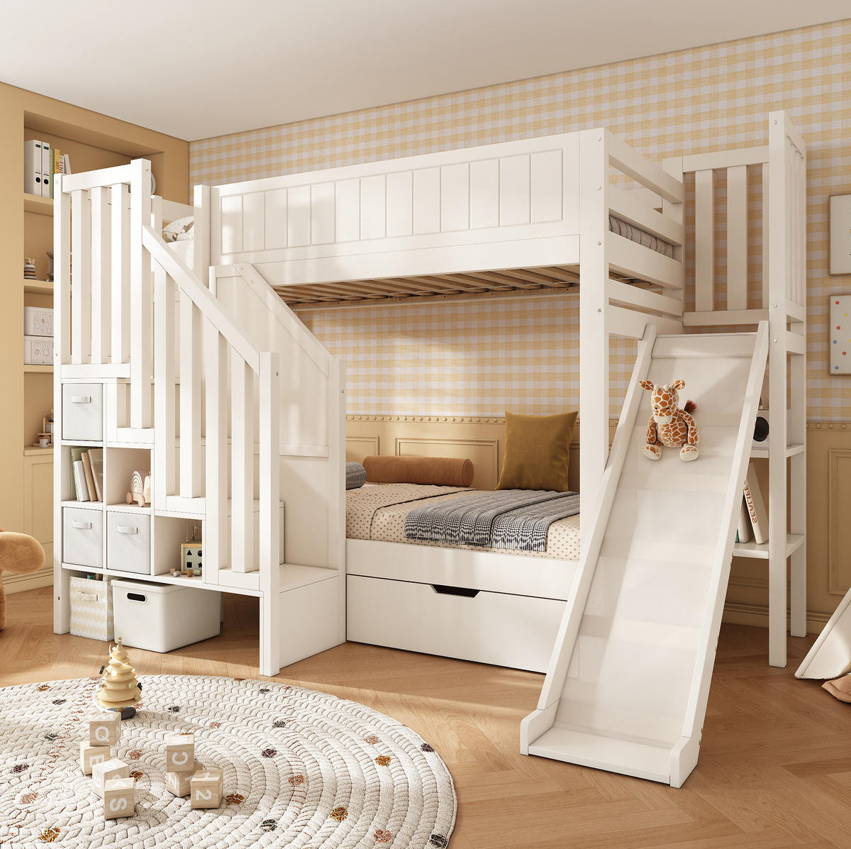 ETAGENBETT 90/200 cm mit Rutsche, Leiterschrank, Regalen und Schubladen, Weiß - Weiß, Holzwerkstoff (90/200cm) - Redom