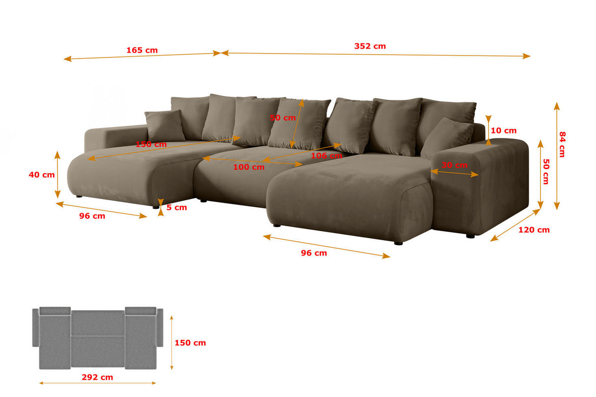 WOHNLANDSCHAFT mit Schlaffunktion und Bettkasten ESKAR-U -352x165x84cm Braun Velours - Schwarz/Braun, Holzwerkstoff/Kunststoff (352/84/165cm) - ALTDECOR