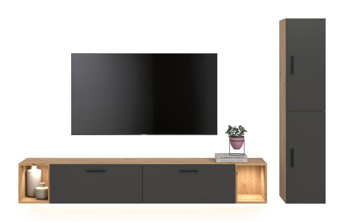 WOHNWAND inkl Beleuchtung Primo 4 tlg. (B/H/T: ca. 259/182/34 cm) in Artisan Oak /Basalt grau - Eiche Artisan, Holzwerkstoff (259/182/34cm)