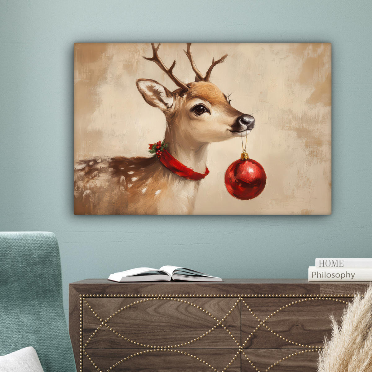 LEINWANDBILD Weihnachten - Hirsch - Geweih - Weihnachtskugel - Rentier Wanddeko 90x60 cm - Hellbraun, Textil (90/60cm) - MuchoWow