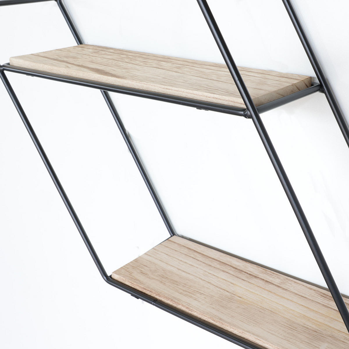 WANDREGAL Schwarzes Metall mit 3 Holzböden - Hexagon diagonal - Schwarz, Metall (55/55/48cm) - IVOL