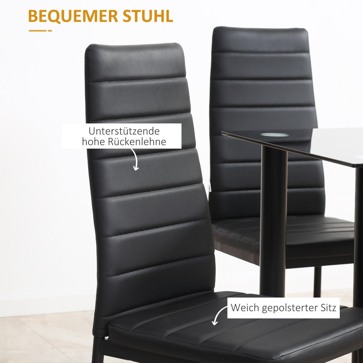 5-TLG. Essgruppe, Esstisch mit 4 Stühlen, Küchentisch mit Hartglasplatte Schwarz - Schwarz, Kunststoff (60/97/120cm) - HOMCOM
