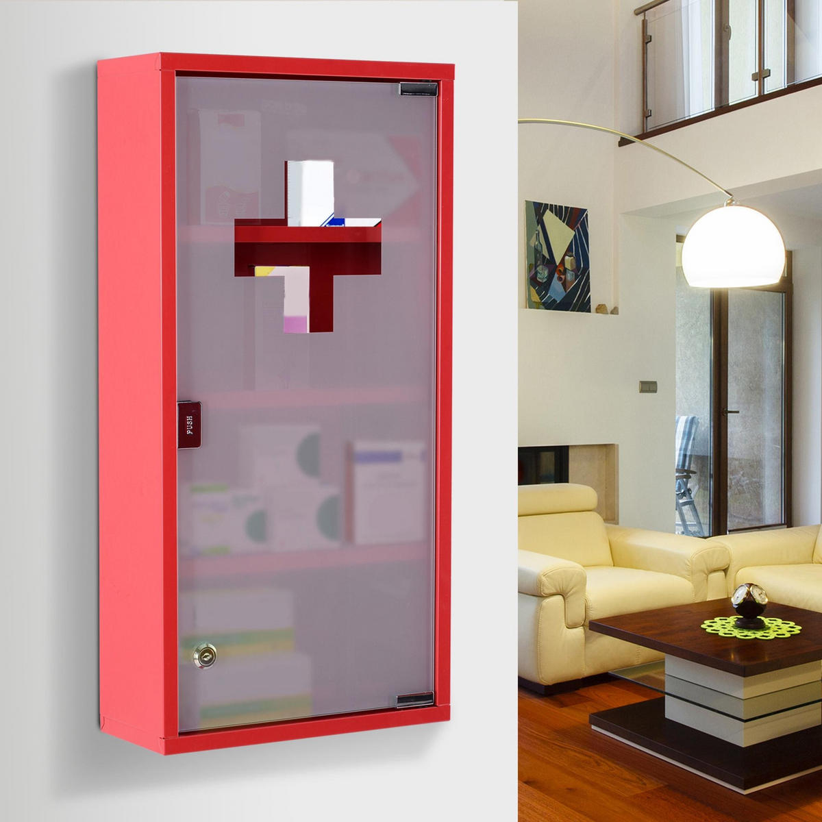 METALL Medizinschrank Arzneischrank Ersthilfe Schrank 4 Fach Rot Drehtür - Rot, Glas/Metall (12/60/30cm) - HOMCOM