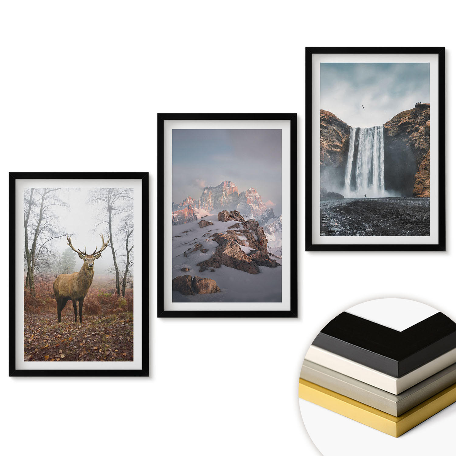 WANDBILDER 3er-Set - 40x60 cm Schwarzer Rahmen - Wilde Berglandschaften - Schwarz, Kunststoff (40/60cm) - ArtPrintCave
