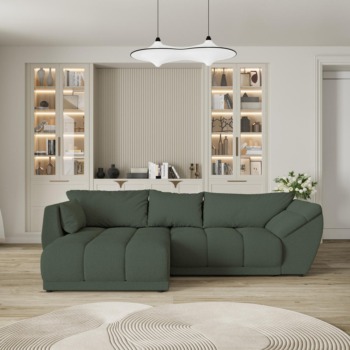 ECKSOFA ORENTI L-S Grün Boucle-Stoff mit Schlaffunktion - Grün, Holz (287/182cm) - MASSENO