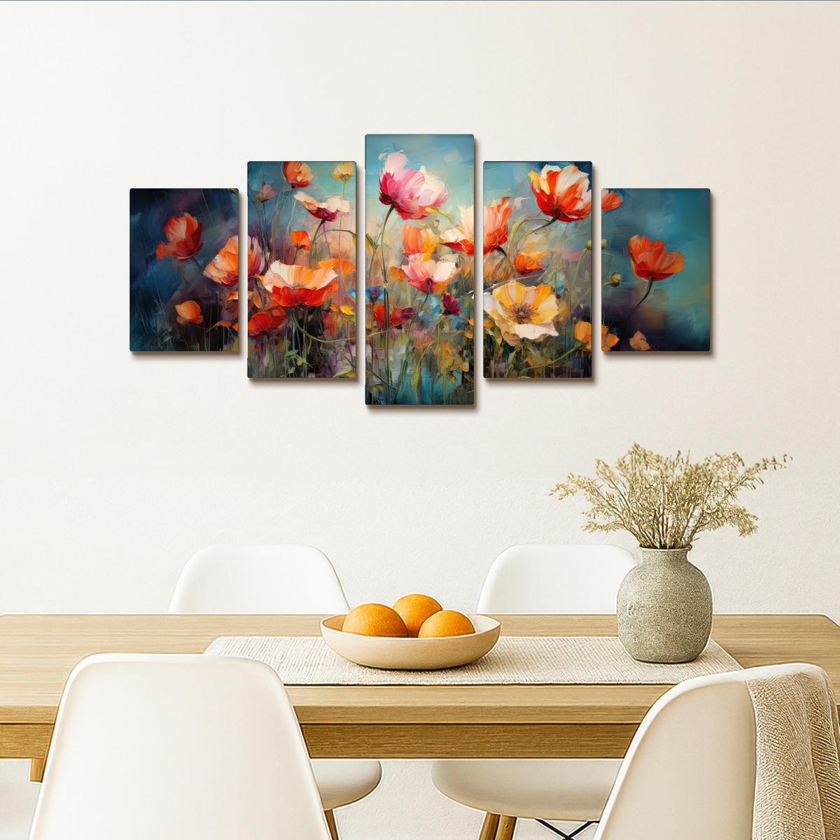 LEINWANDBILD 5er Set Blumen - Bunt - Abstrakt 100x50 cm - Blaugrau, Textil (100/50cm) - MuchoWow