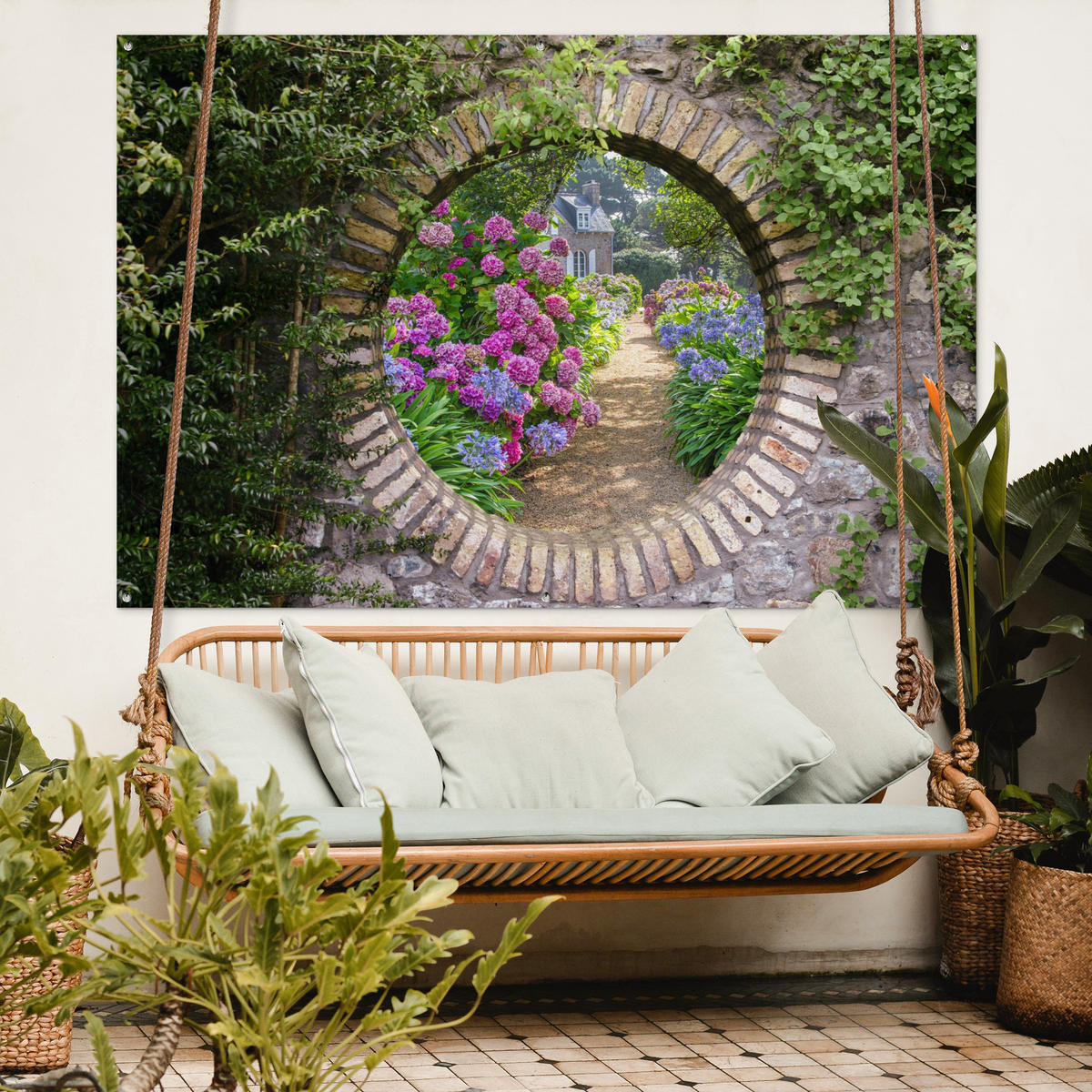 ZAHRADNÍ PLAKÁT Průhled - Květiny - Hortenzie - Léto 180x120 cm - šedohnědá, plast (180/120/0.2cm) - OnlyWow