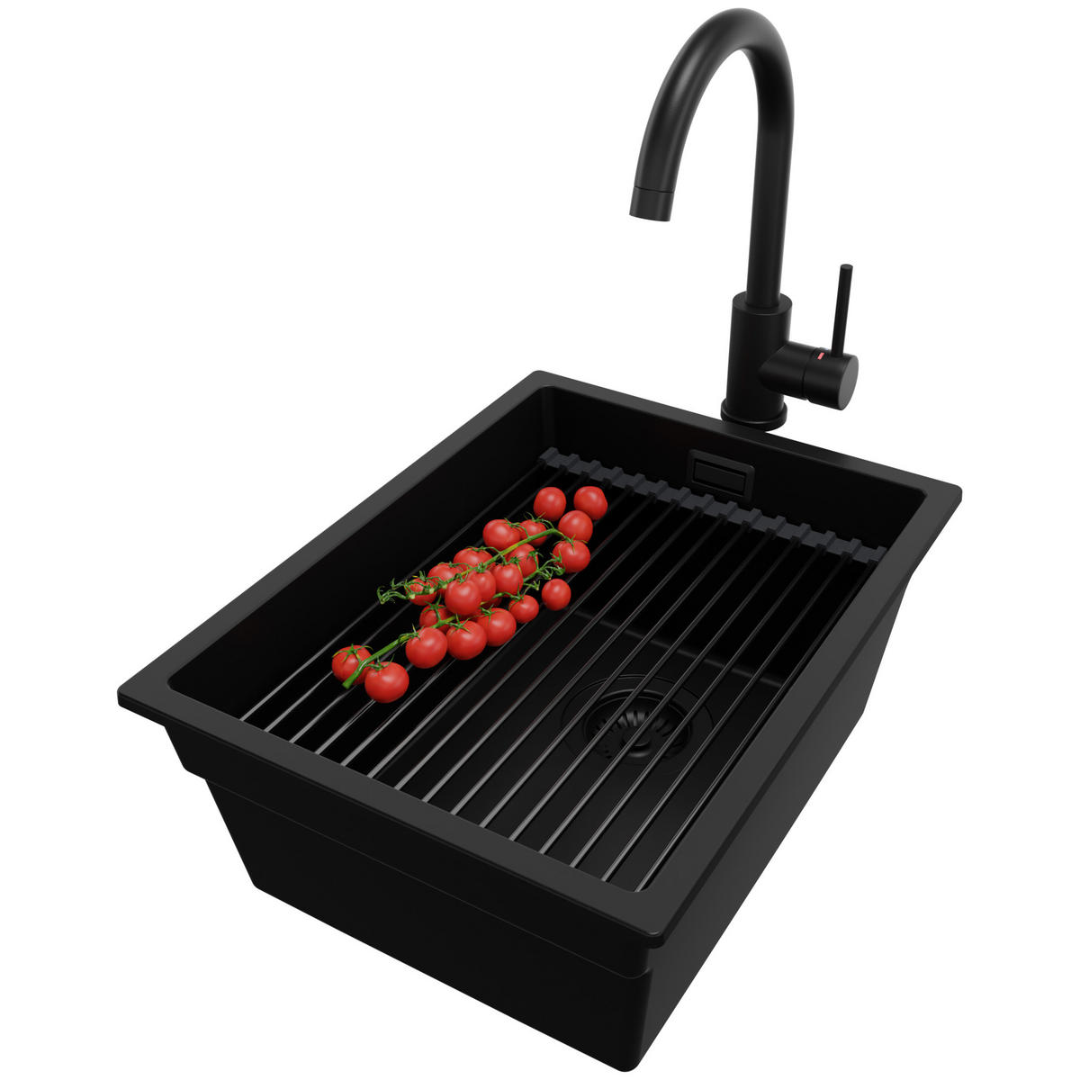 UNTERBAUSPÜLE GRANIT Praga, 2-er set Schwarz 36/47 cm 1 Becken + Küchenarmatur 32/20 cm + Ablauf-Set + Aufrollbare Abtropffläche ab 40er Unterschrank - Schwarz, Kunststoff (36/20/47cm) - Primagran