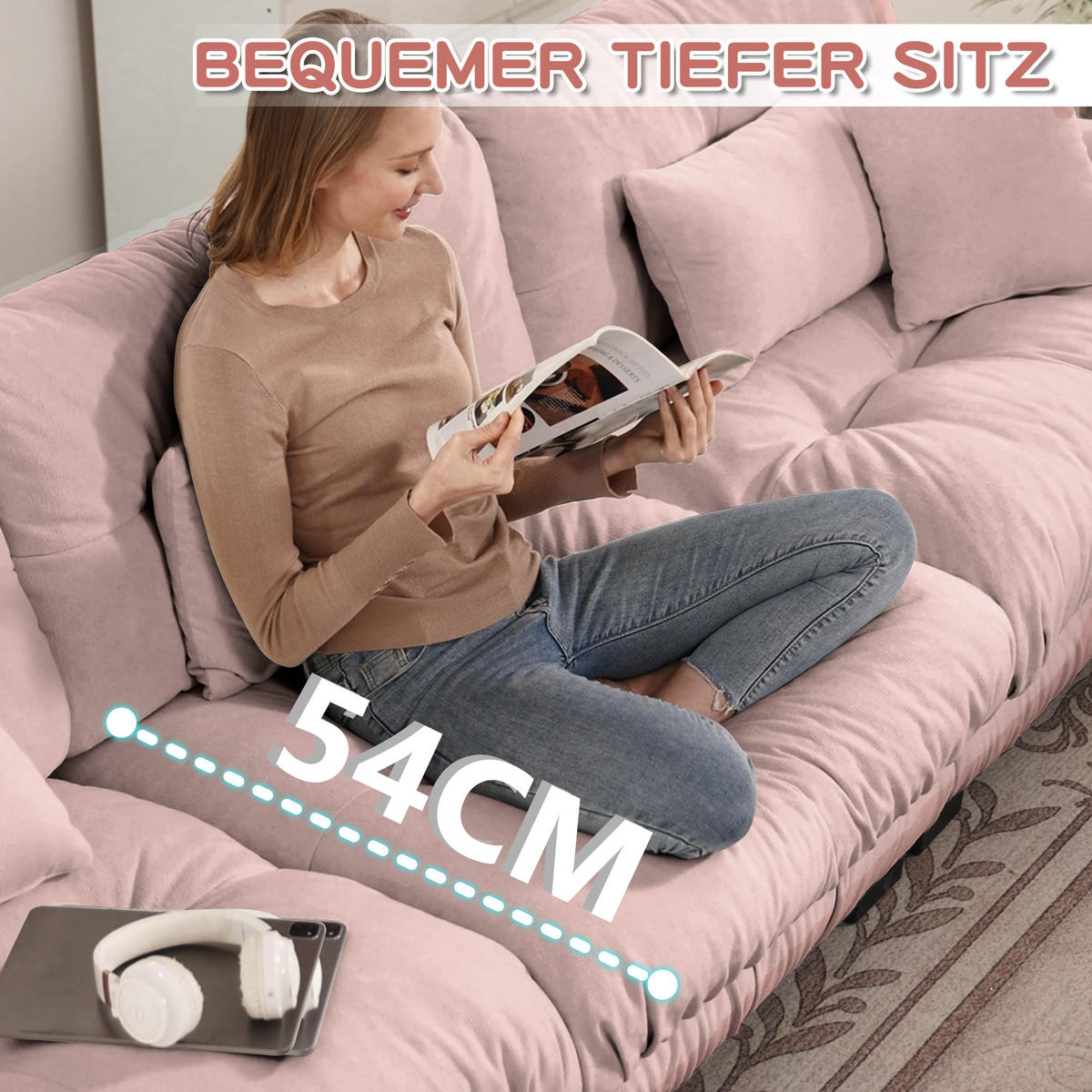 2-SITZER SOFA chenille rosa mit 4 kissen & modularem design - Pink, Textil (220/81/77cm) - Urban Meuble