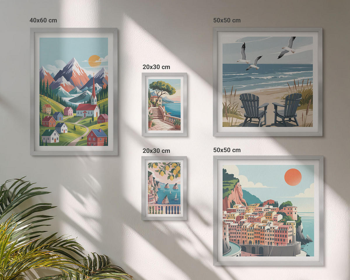 BILDER SET 5er Set - 50x50 cm & 20x30 cm & 40x60 cm Silberner Rahmen - Pastellfarbene Küstenhäuser - Silberfarben, Kunststoff (40/60cm) - TULUP