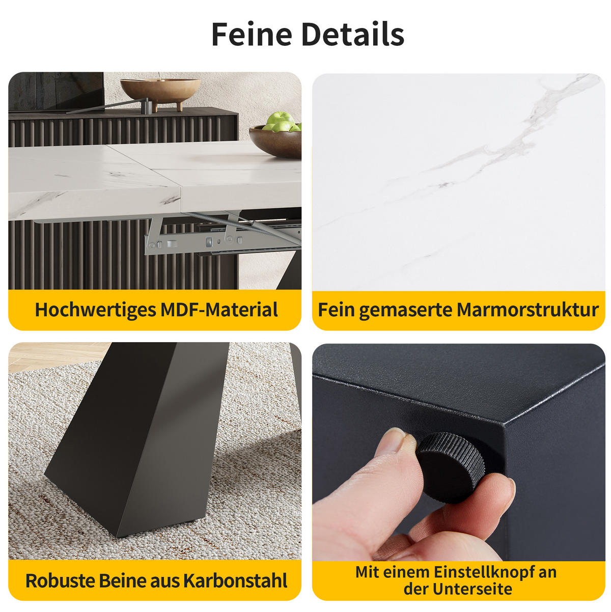 TISCHGRUPPE für 4 Personen mit 4 Polsterstühlen in Samt und Marmoroptik - Weiß, Holzwerkstoff (74/77/159cm) - BEAOK