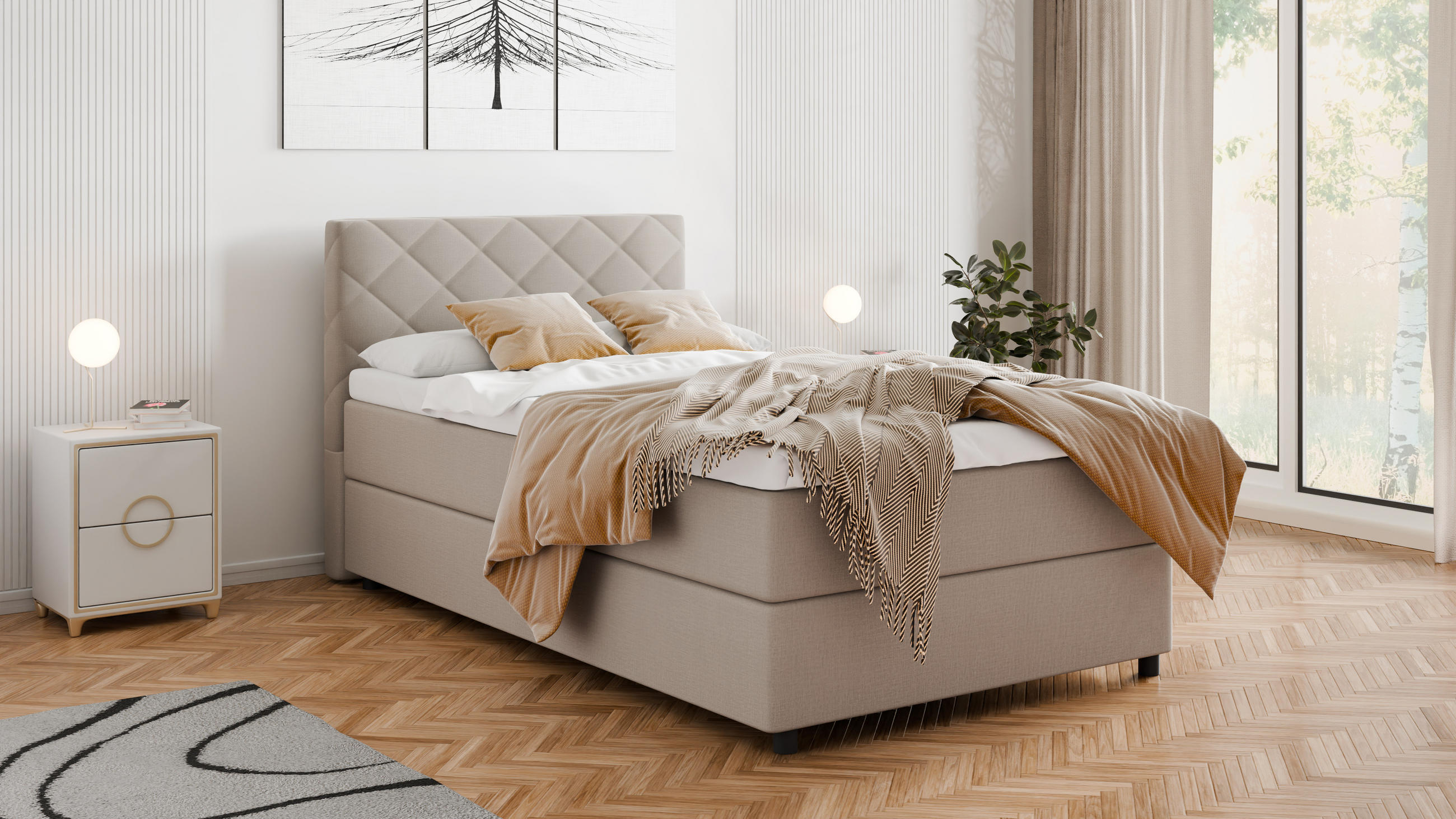 BOXBETT Diamaro 120x200 cm mit Bettkasten und Topper - Dunkelbeige - Beige, Holz (120/215cm) - Panda Möbel