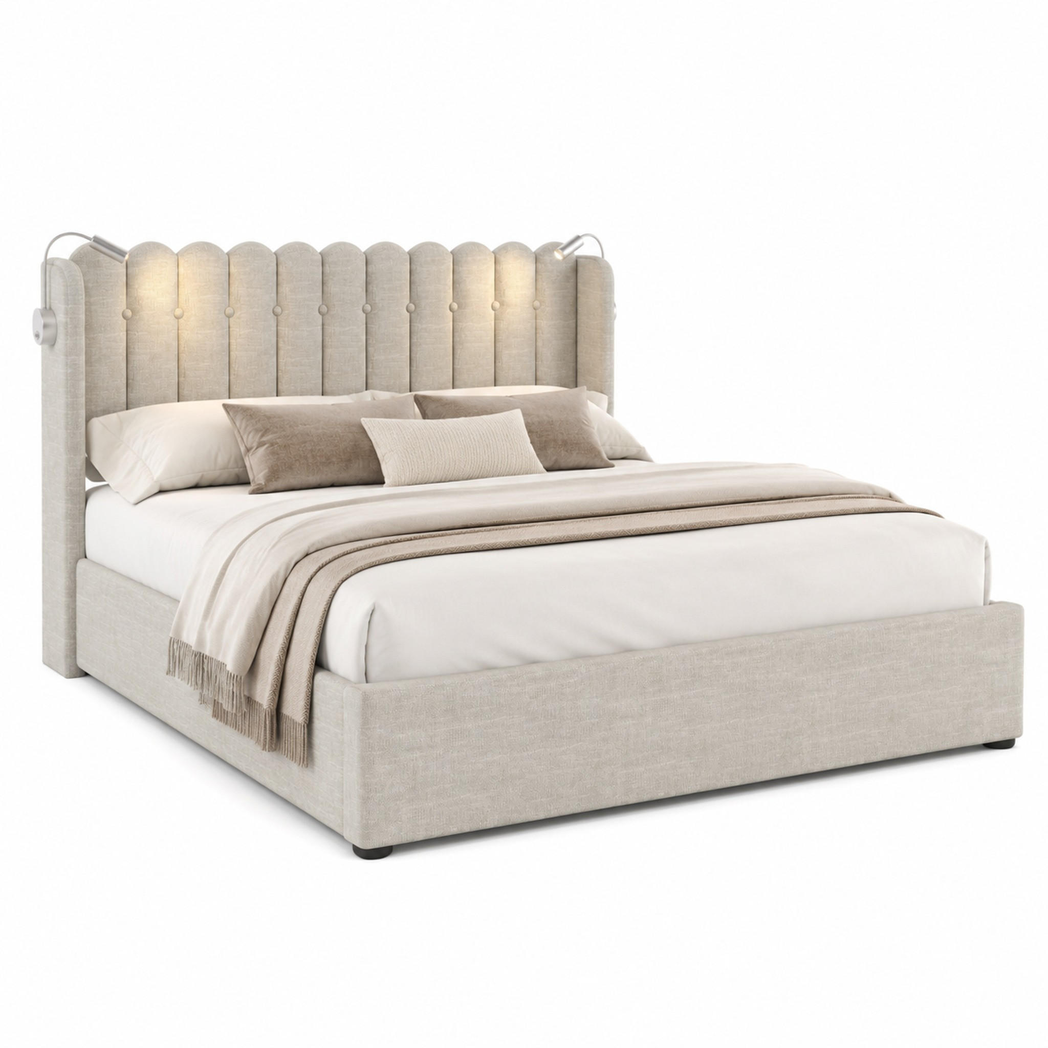 POLSTERBETT mit Bettkasten, USB und Leselicht 160x200 cm Beige - Beige, Metall (160/200cm) - Meubliv