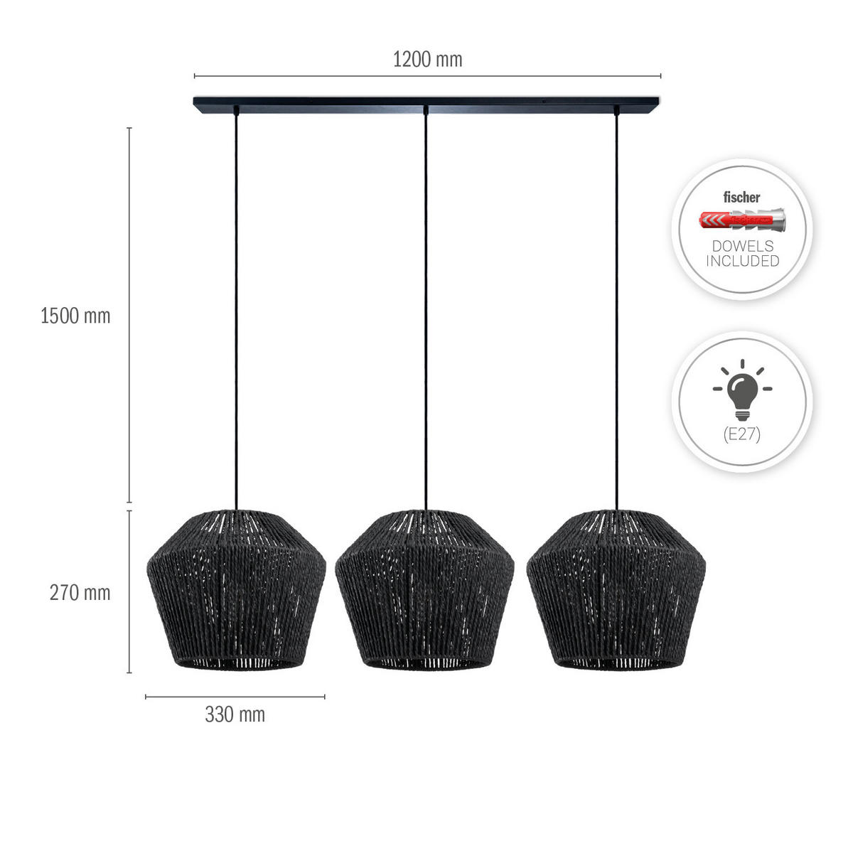 PENDELLEUCHTE Hugo Pd3 Pinto - Schwarz, Metall (33/33/27cm) - Paco Home