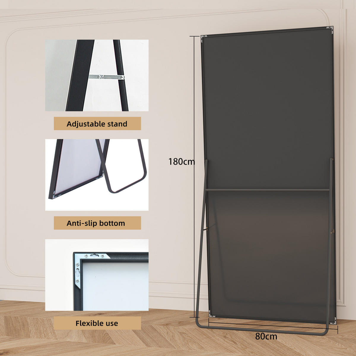 STANDSPIEGEL 180x80 cm Metallrahmen rechteckig schwarz - Schwarz, Holz (80/180/3cm) - LEBENLANG