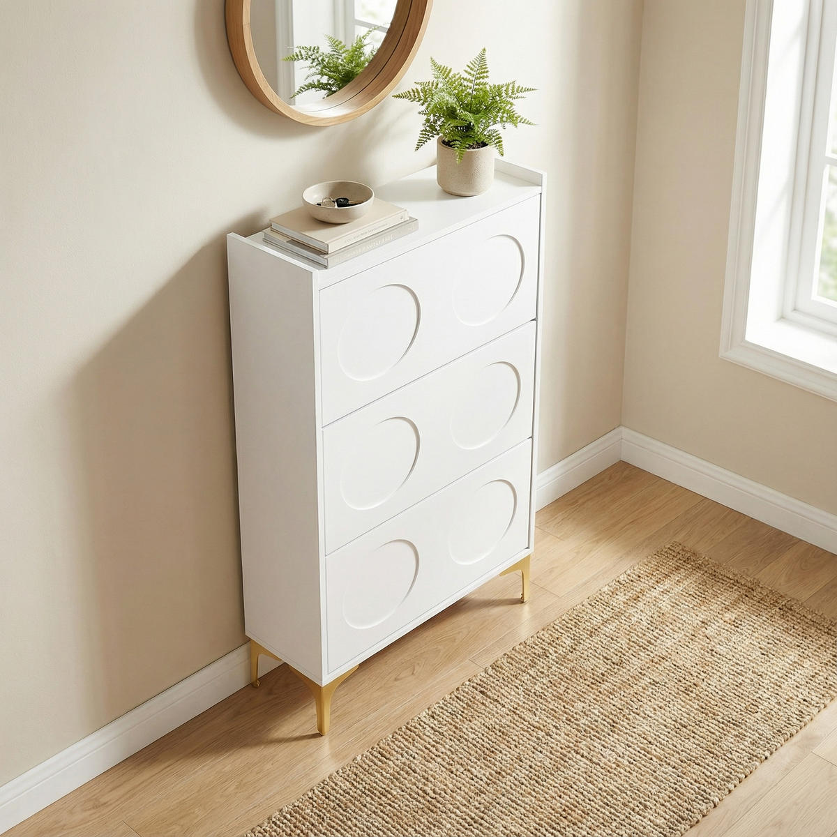 SCHUHKIPPER 63 cm in Weiß & Gold Design - Weiß, Holzwerkstoff (63/120/24cm) - Urban Meuble