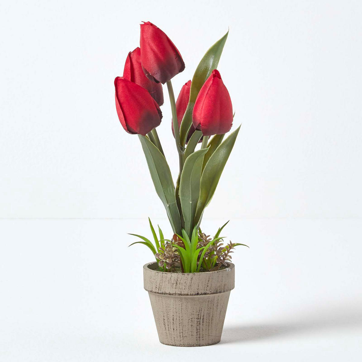 KUNSTBLUMEN Tulpen rot im Steinoptik-Topf, 27 cm - Rot, Kunststoff (27cm) - Homescapes