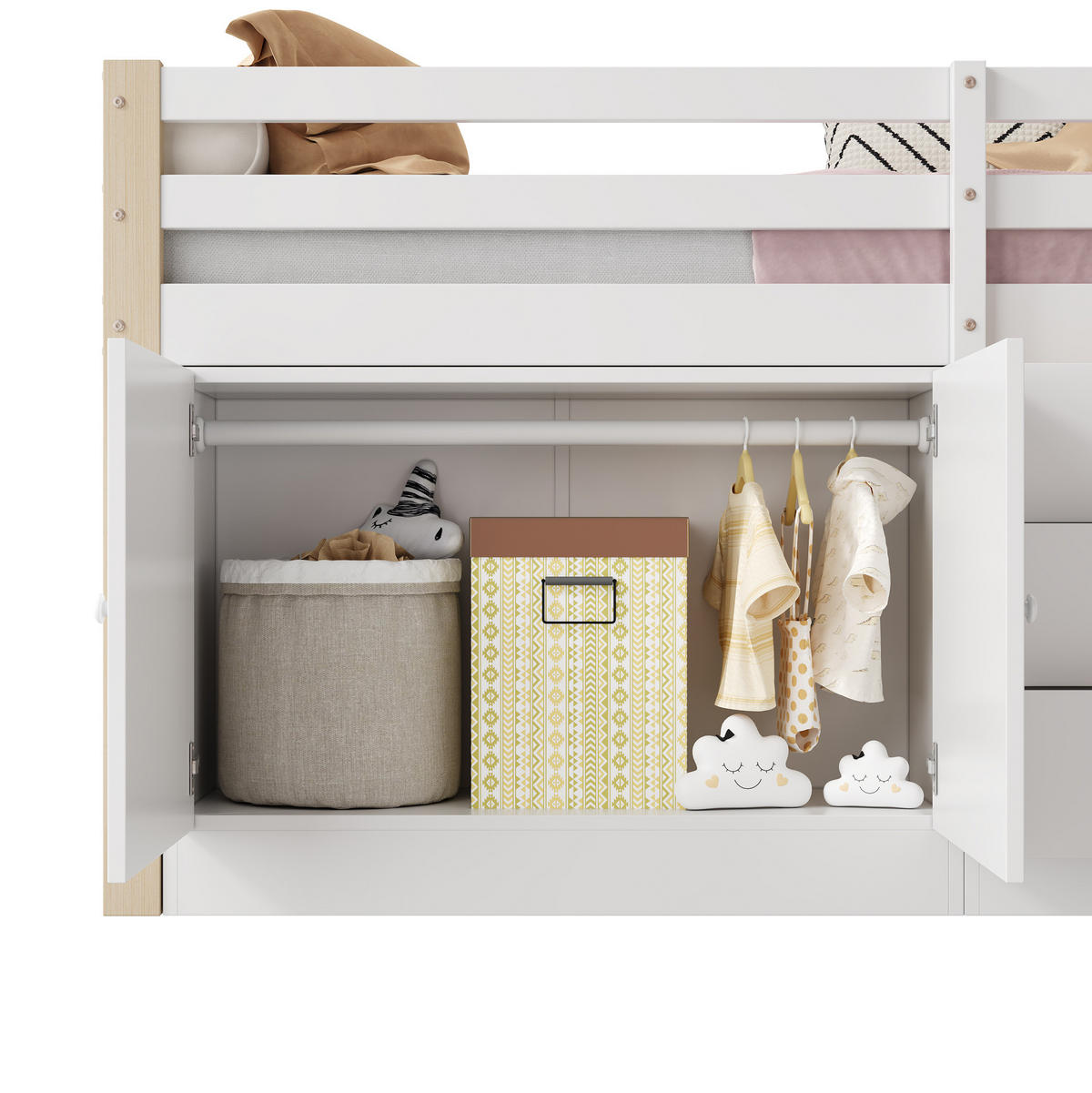 VISOKA postelja 90/200 cm bela z lestvenimi stopnicami, predali in omarama iz MDF - bela, leseni material (90/200cm) - OKWISH