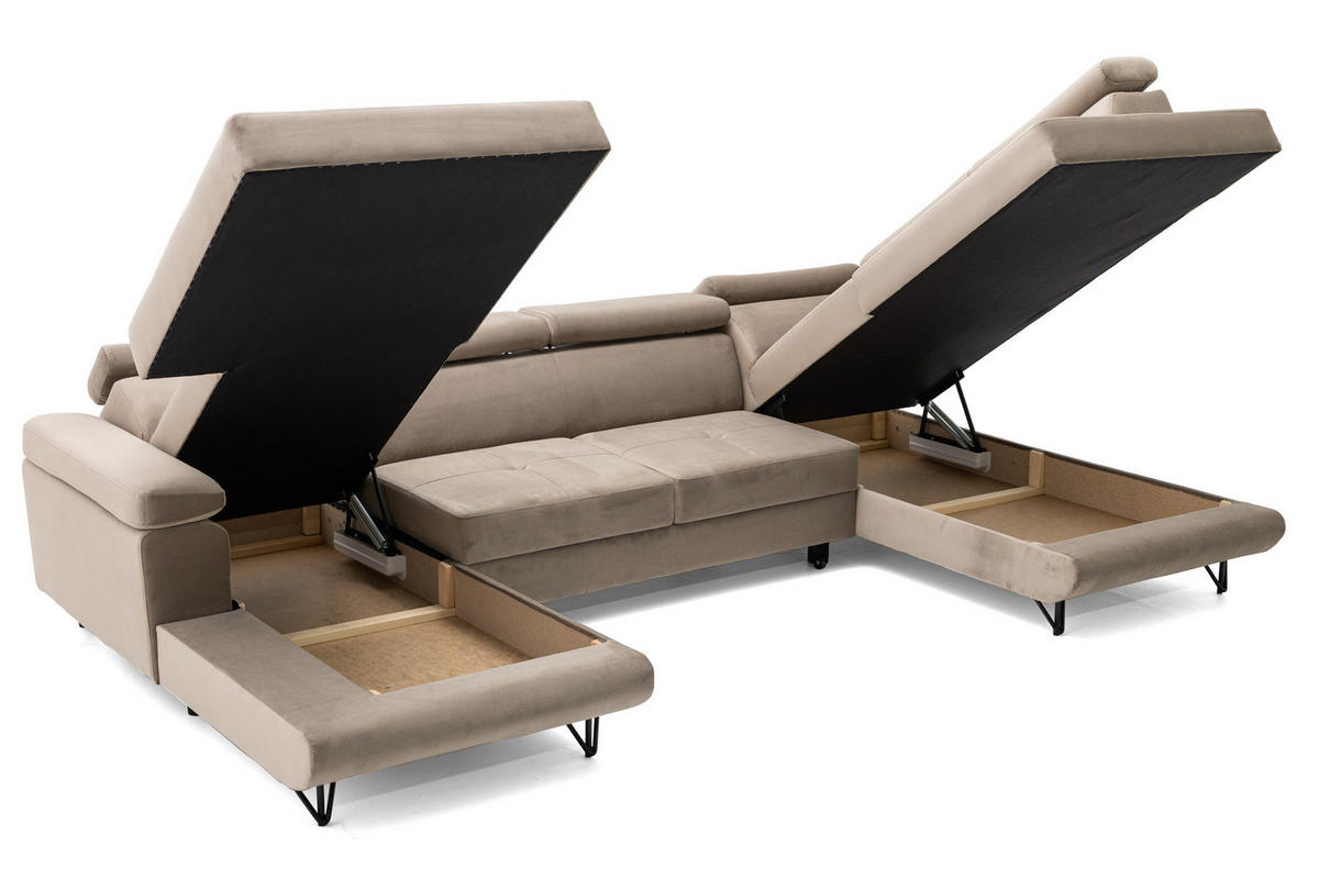 ECKSOFA U-Form JUNIOR U Rechts mit Schlaffunktion 128x254 Velours Beige - Beige/Schwarz, Holz/Textil (184/90/323cm) - Muffo