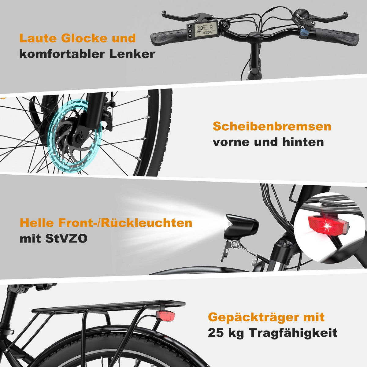 E-BIKE Cityrad BK27 250W-Motor 36V 13Ah Akku - Schwarz, Metall (87cm) - HITWAY
