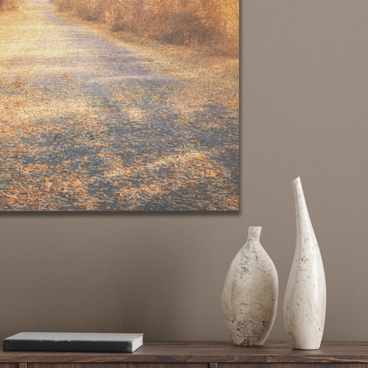 AKUSTIKBILD Wald - Herbst - Bäume - Waldweg - Natur Kunstdruck Schlafzimmer 50x70 cm - Bernsteinfarben, Kunststoff (50/70/0.9cm) - MuchoWow