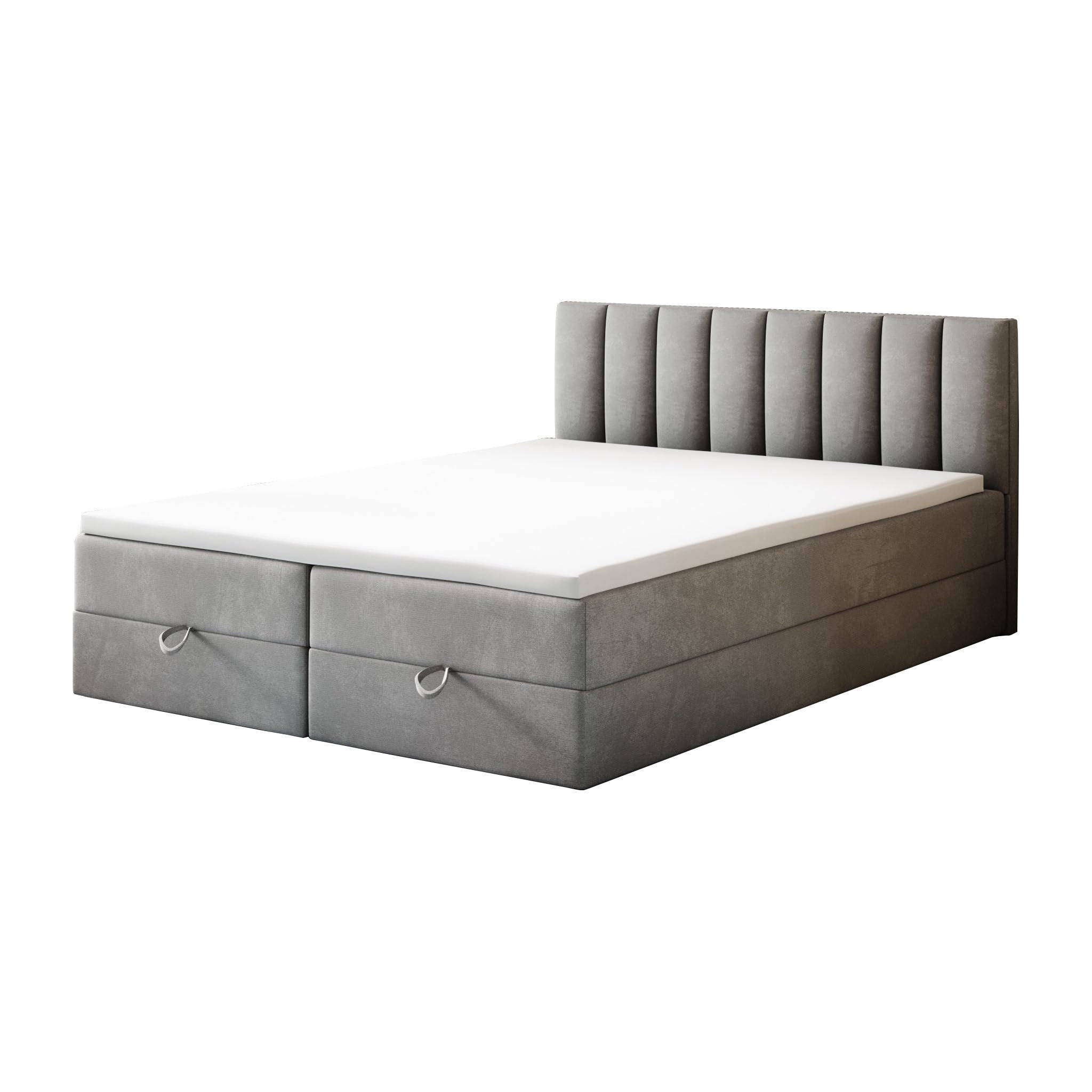 BOXBETT 140 x 200 cm mit Bonellmatratze H3, CITY, Elegant gestepptes Kopfteil und Topper 5cm, Bettkasten, Grau - Grau, Holzwerkstoff/Kunststoff (140/200cm) - Trada