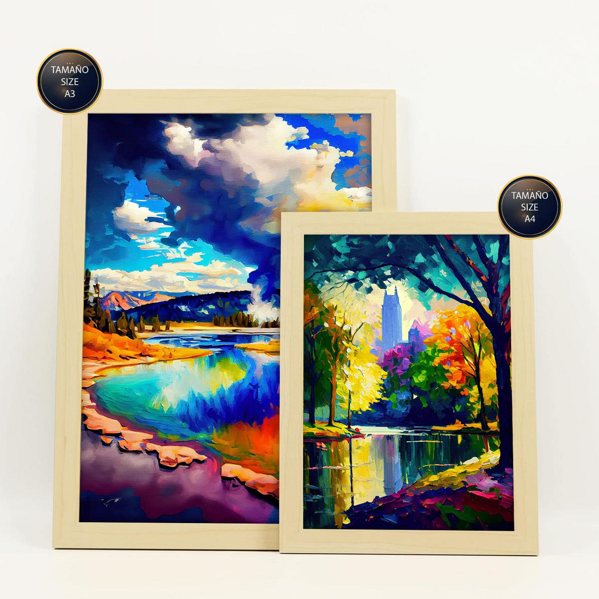 POSTER Set Mit 6 Wolken Im Ölgemälde Stil A3 & A4 Rahmen Aus Hellem Holz - Beige, Papier (29/3cm) - Nacnic