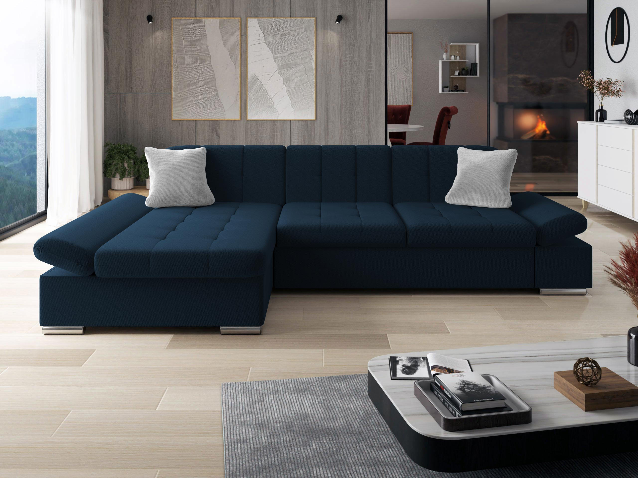 ECKSOFA Malwi, Seite: Links - Dunkelblau, Holz/Textil (278/161cm) - MIRJAN24