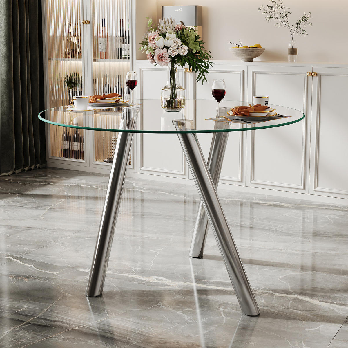 ESSTISCH rund Ø 89 cm in Silber mit Glasplatte und Metallgestell - Silberfarben, Metall (89/89/76cm) - BEAOK