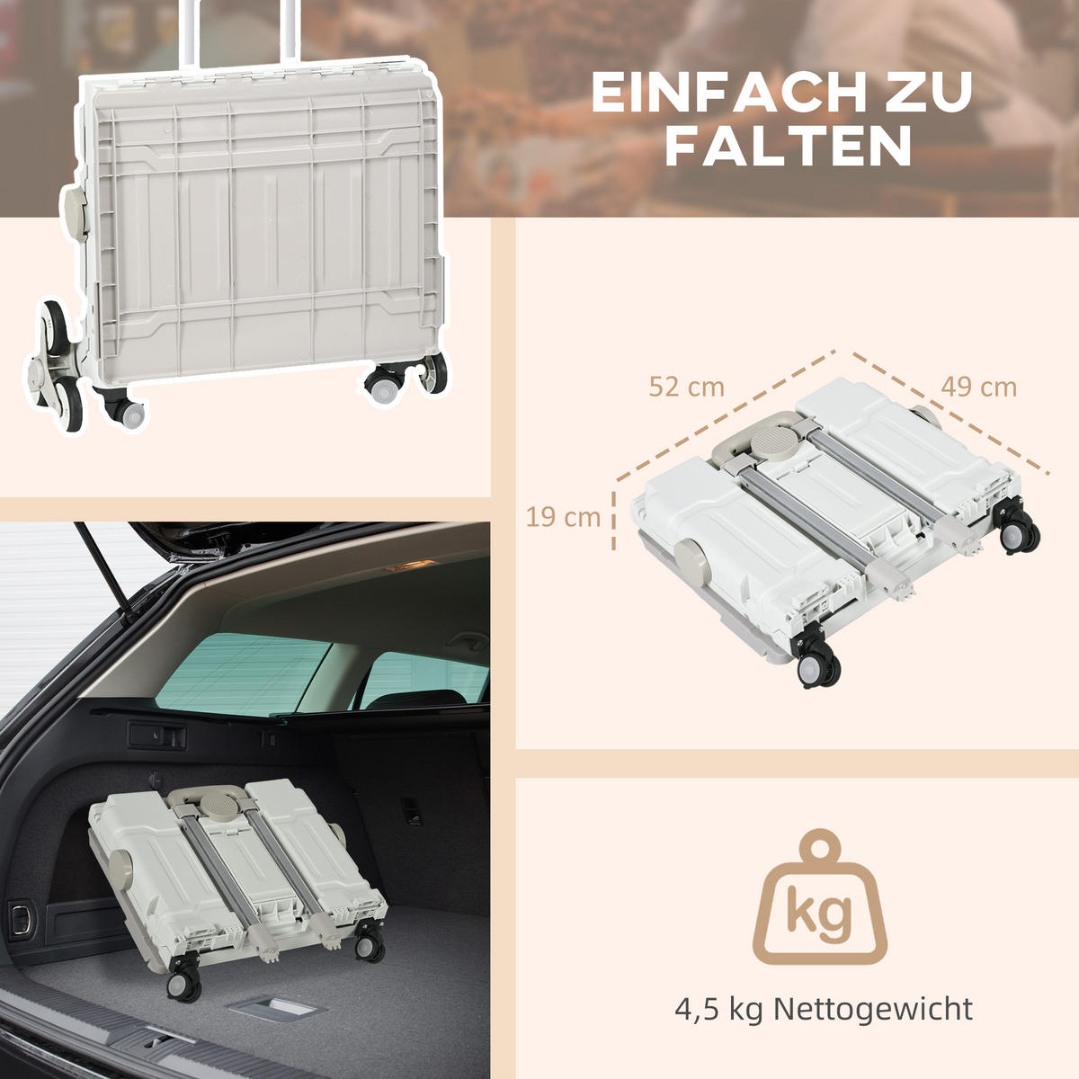 EINKAUFSWAGEN Kunststoff Aluminiumlegierung Weiß - Weiß, Kunststoff (48/100/52cm) - HOMCOM