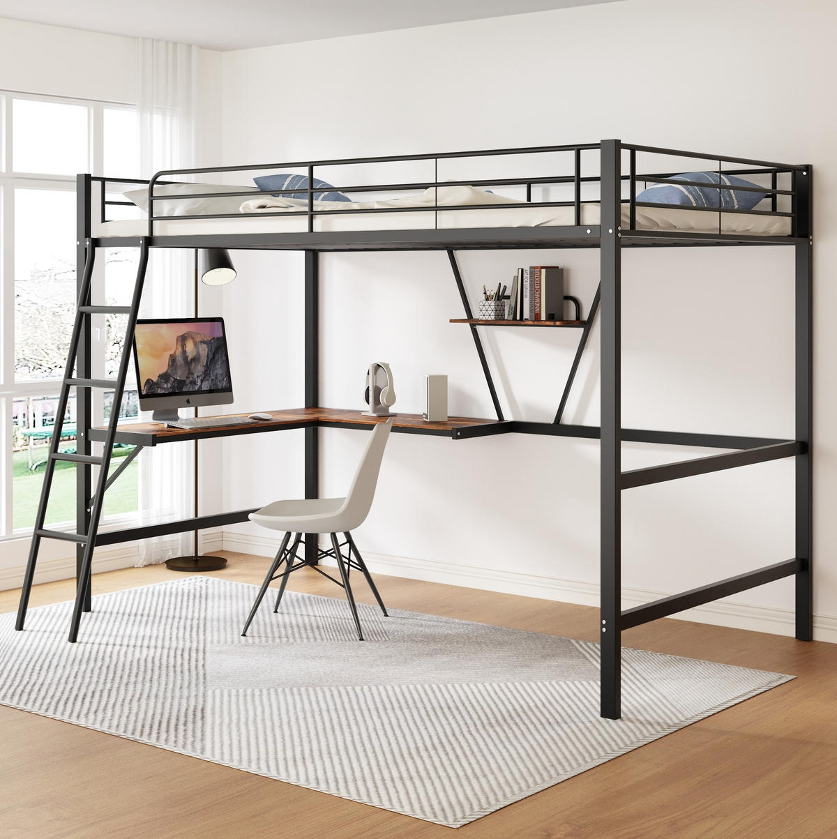 HOCHBETT aus Metall 90x200 cm Schwarz mit L-förmigem Schreibtisch und Regal - Schwarz, Metall (90/200cm) - IVMEU
