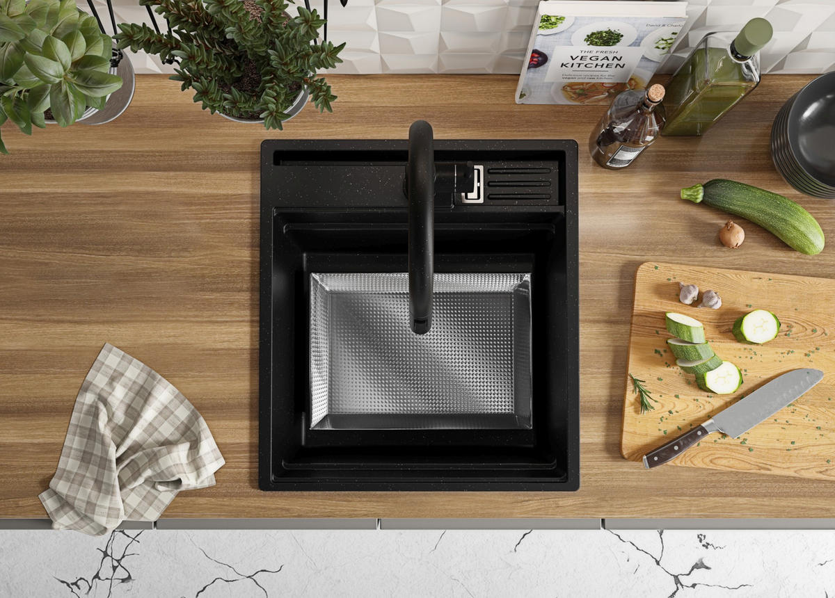 SPÜLBECKEN Oslo Pocket, 2-er set Schwarz Metallic 48/53 cm 1 Becken + Ablauf-Set + Küchenzubehörset ab 50er Unterschrank - Chromfarben/Schwarz Hochglanz, Kunststoff (48/20/53cm) - Primagran