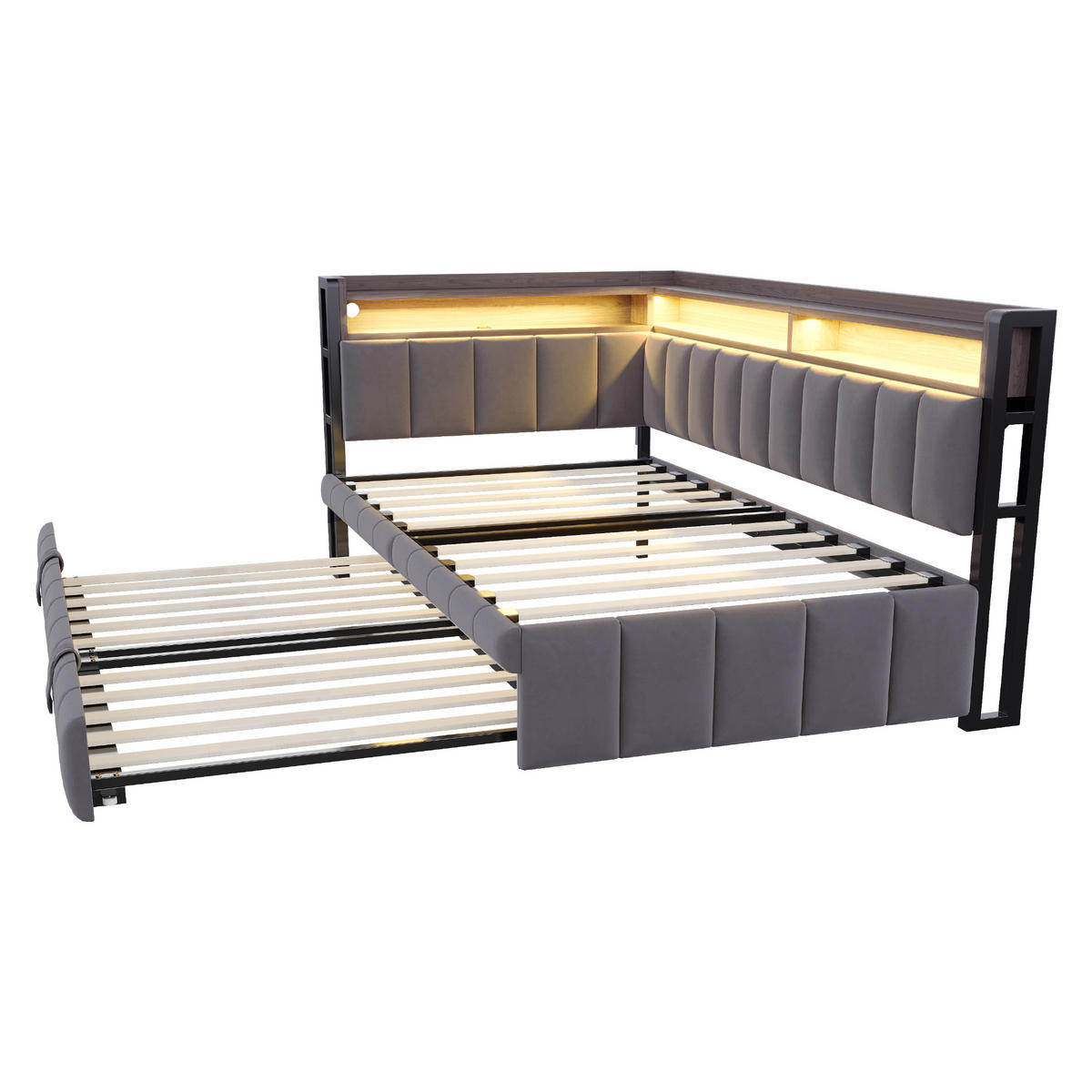 POLSTERBETT 90x200 Dunkelgrau Samt LED USB - Grau, Textil (90/200cm) - FLIEKS