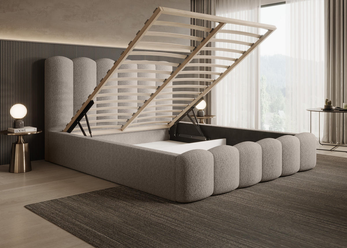 POLSTERBETT Modernes Polsterbett Mona V 180x200 cm – Komfortables Bett mit Stauraum & Halbwalzen-Design, Beige - Beige/Schwarz, Holzwerkstoff/Kunststoff (180/200cm) - DomoHome