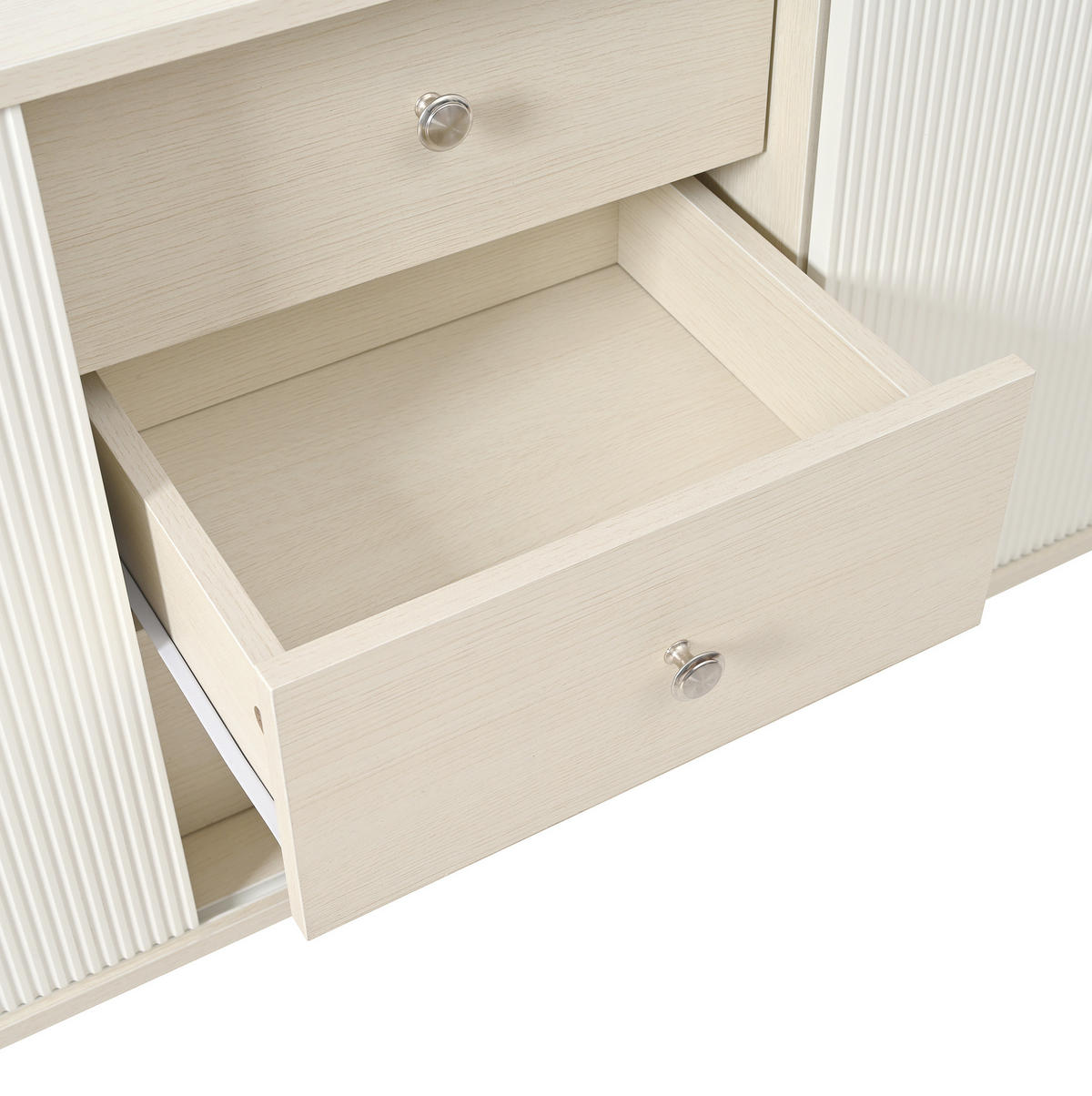 KOMMODE aus MDF 117,5x39,5x79cm in Weiß & Holzoptik mit Schiebetüren - Weiß, Holzwerkstoff (117.5/79/39.5cm) - Modfu