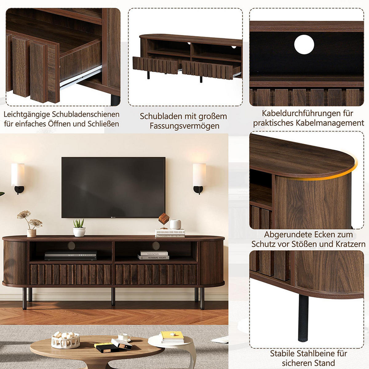 LOWBOARD in 160 x 40 x 48 cm mit 2 Schubladen, Dunkel nussbaum - Walnussfarben, Holzwerkstoff (160/48/40cm) - KOMHTOM