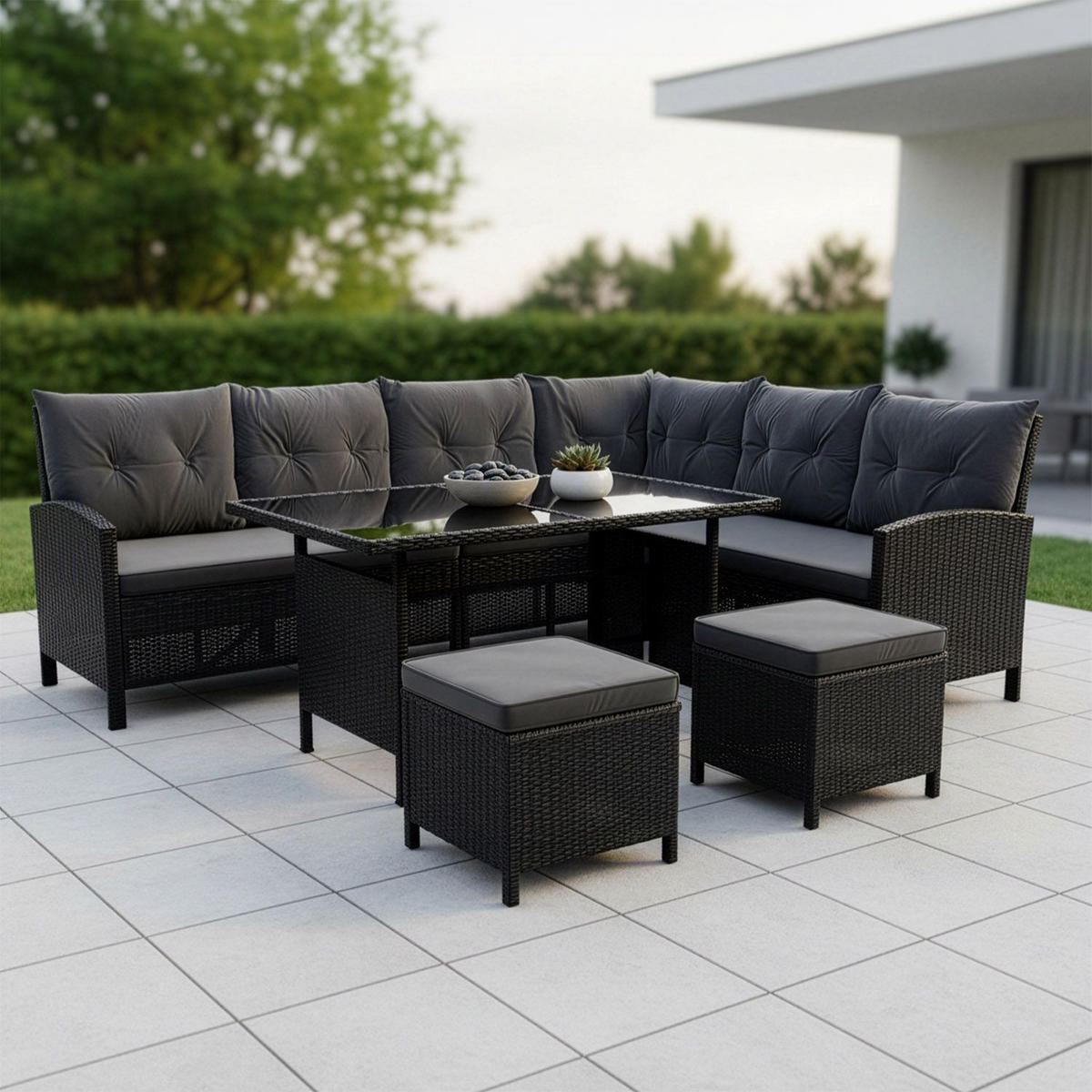 LOUNGEGARNITUR Manacor schwarz, dunkelgrau inkl. Abdeckung - Dunkelgrau, Kunststoff/Metall - Juskys