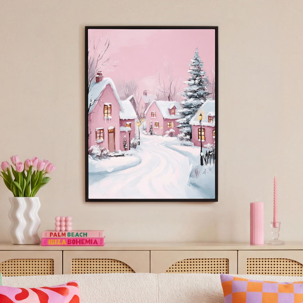 LEINWAND Bilder mit Rahmen - Weihnachtsdorf - Rosa - Winter - Schnee - Häuser - 70x100 - Altrosa, Textil (70/100cm) - MuchoWow
