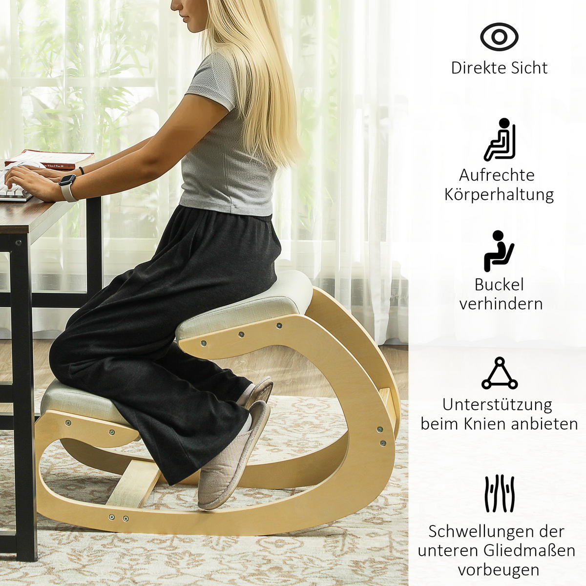 ERGONOMISCHER Kniehocker für Homeoffice, verbessert die Körperhaltung, Creme - Creme, Holz/Textil (85/55/55cm) - HOMCOM