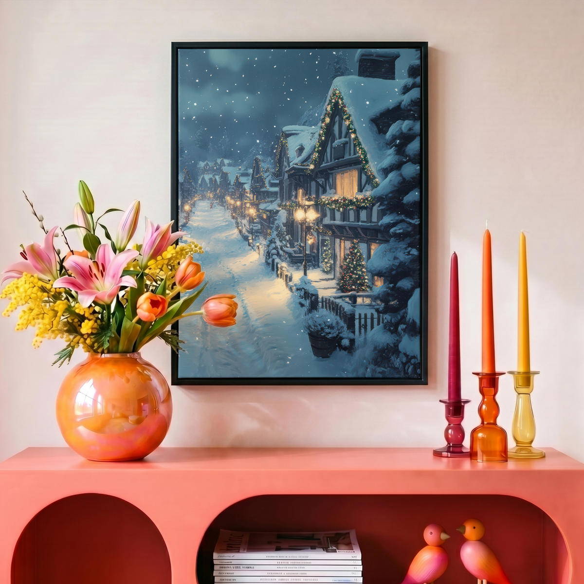 LEINWAND Bilder mit Rahmen - Weihnachtsdorf - Weihnachten - Schnee - Winter - 30x40 - Dunkelblau, Textil (30/40cm) - MuchoWow