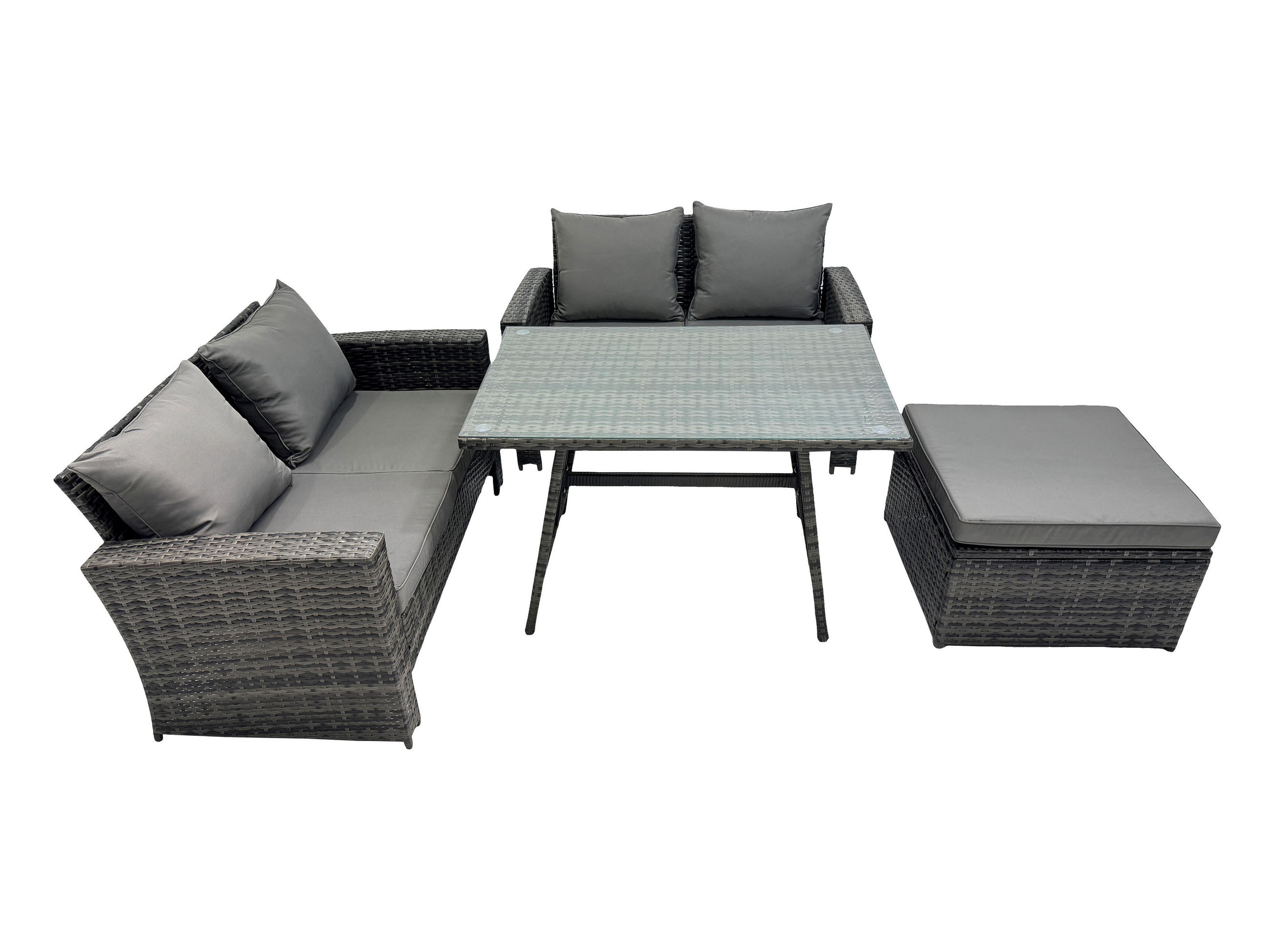 GARTENMÖBELSET mit ESSTISCH,HOCHLEHNER-SOFA Polyrattan Dunkelgrauer Mix 5-Sitzer - Dunkelgrau/Grau, Glas/Kunststoff - Fimous