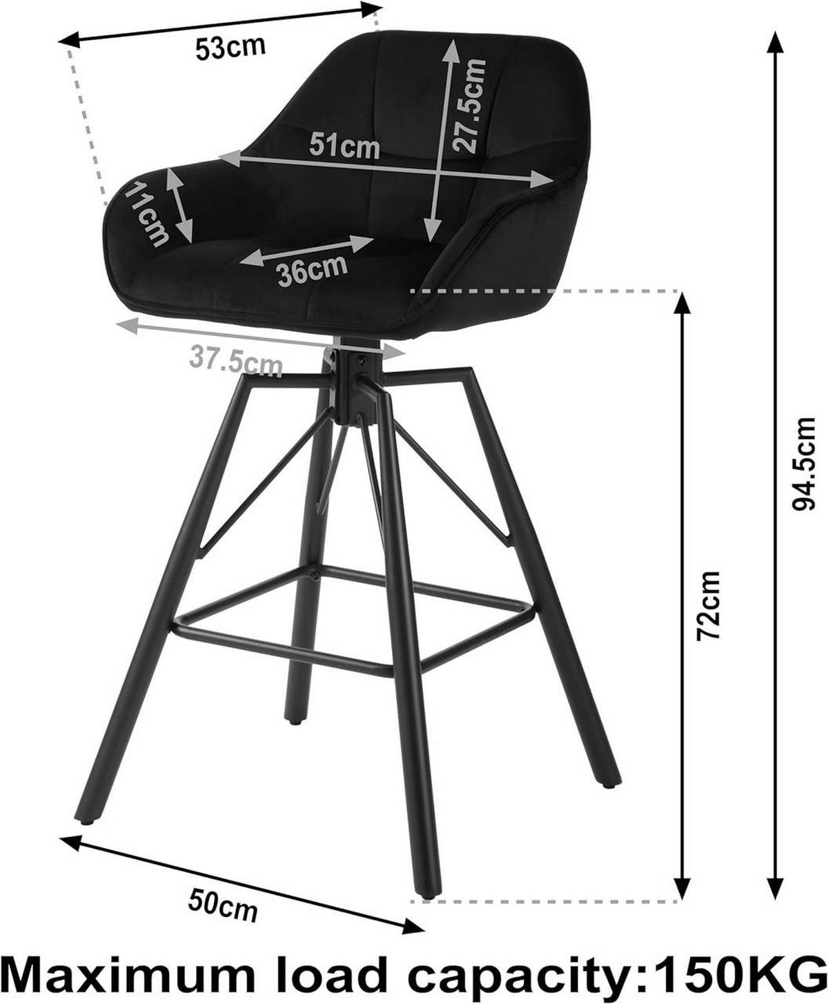 BARHOCKER 4er Set, Samt, Metall, Schwarz - Schwarz, Textil/Metall (51/94.5/53cm) - Woltu
